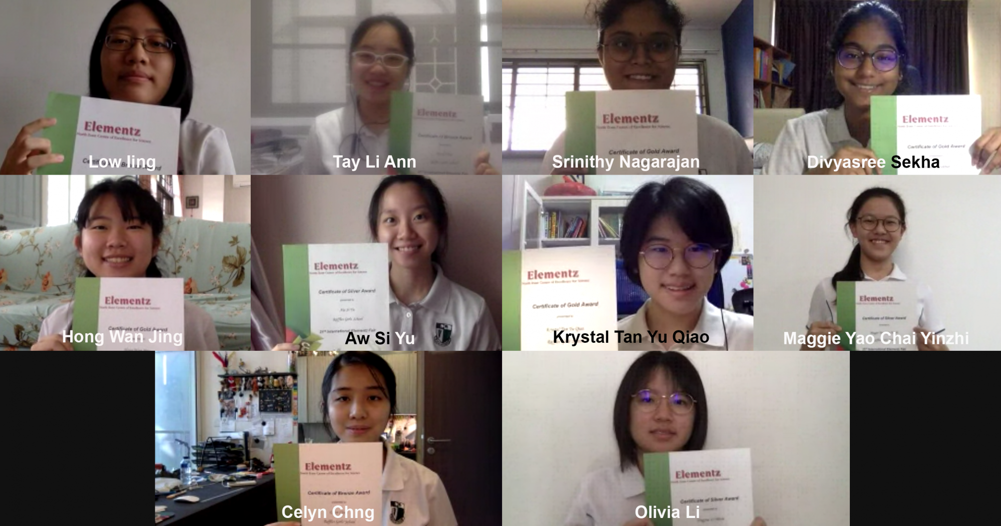 Ten young women each holding an Elementz certificate, displayed in a video call grid with their names labeled.